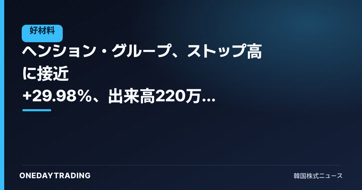 ヘンション・グループ、ストップ高に接近 +29.98%、出来高220万株を集め急騰6位