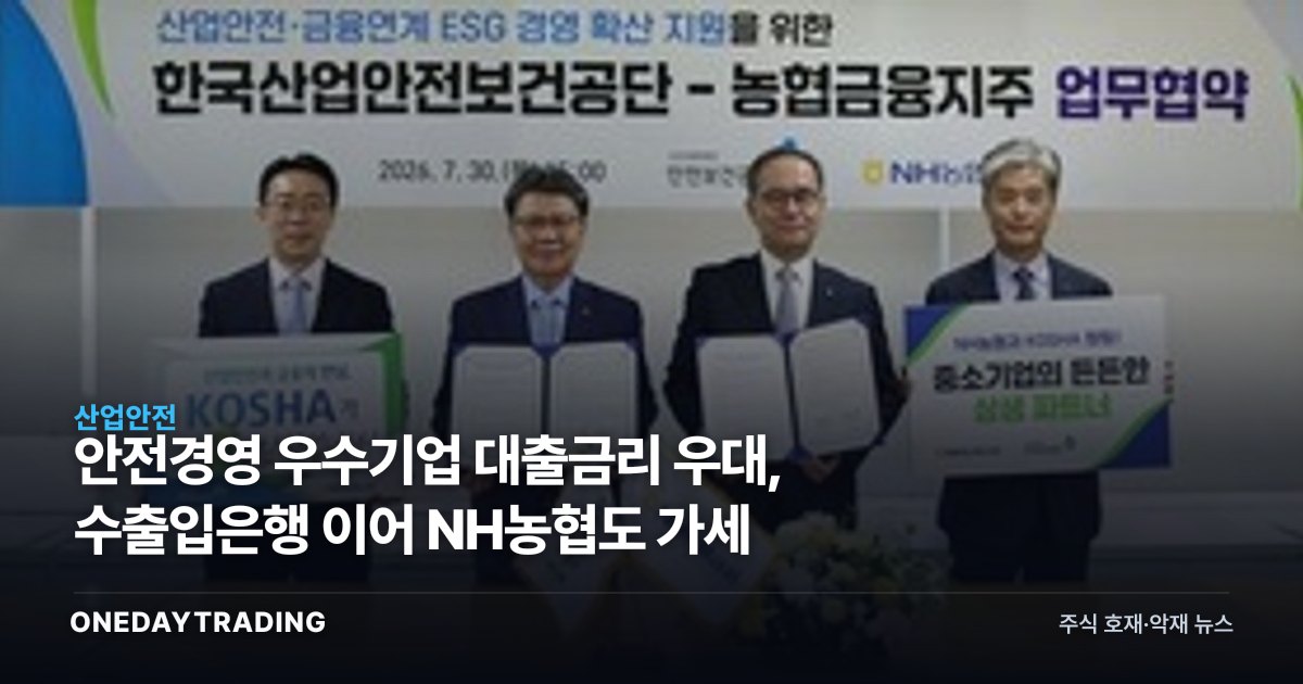 안전경영 우수기업 대출금리 우대, 수출입은행 이어 NH농협도 가세