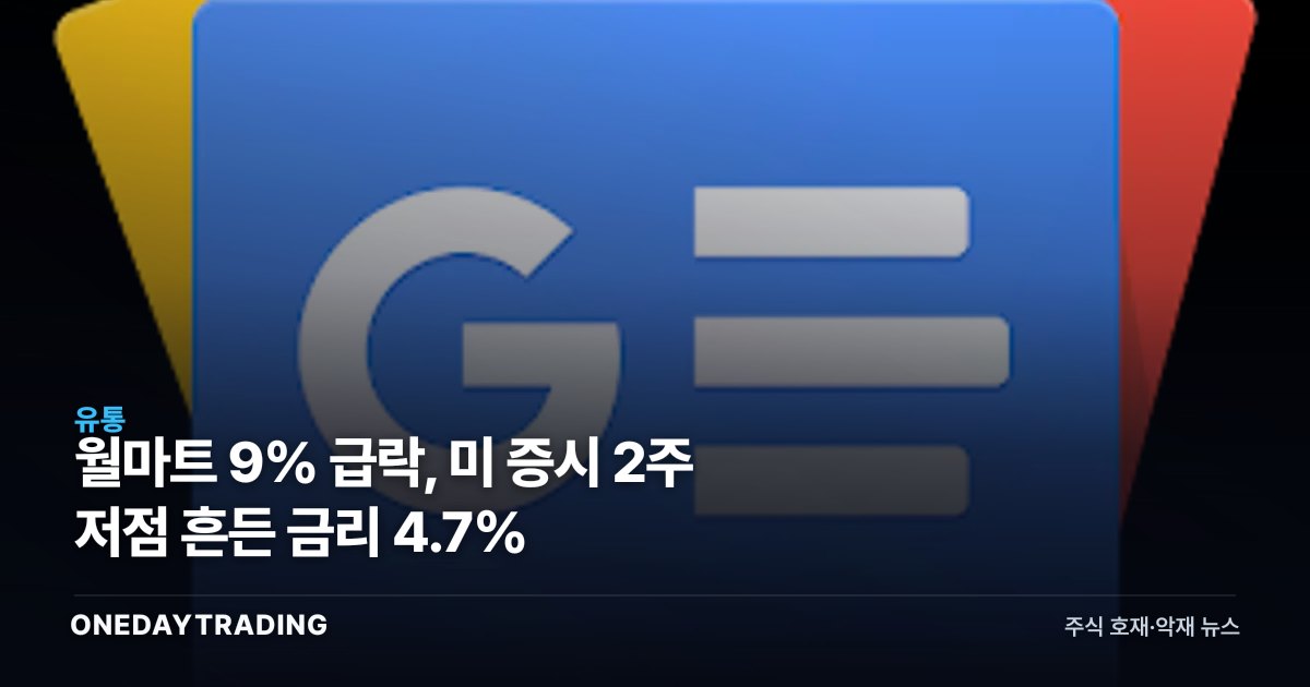 월마트 9% 급락, 미 증시 2주 저점 흔든 금리 4.7%