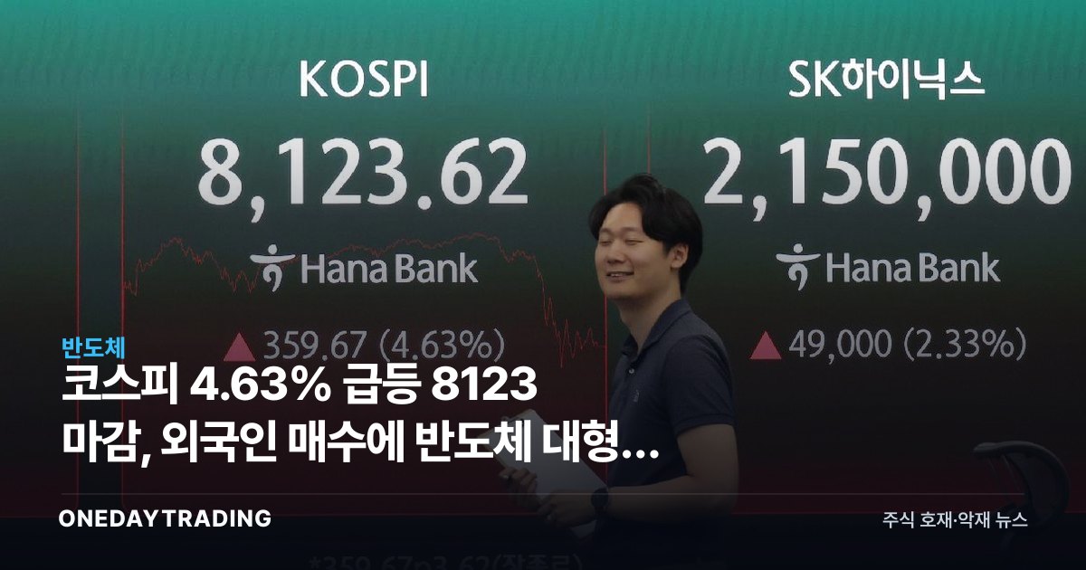 코스피 4.63% 급등 8123 마감, 외국인 매수에 반도체 대형주 동반 강세