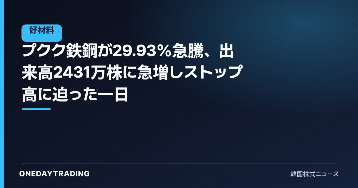 プクク鉄鋼が29.93%急騰、出来高2431万株に急増しストップ高に迫った一日