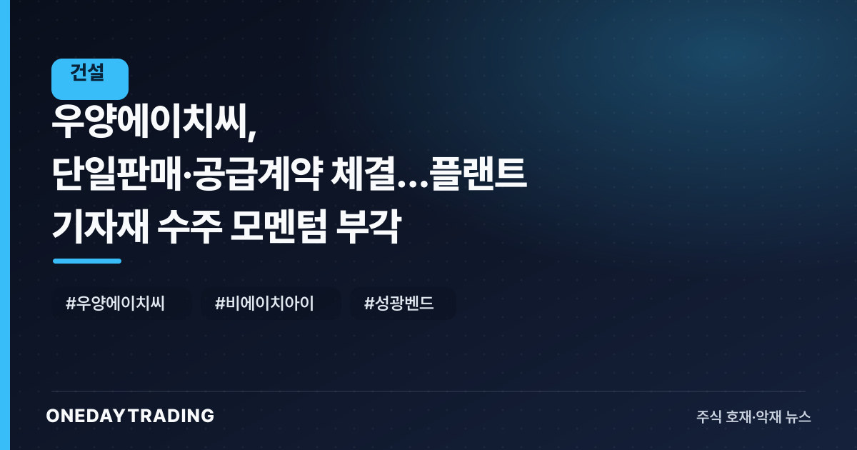 우양에이치씨, 단일판매·공급계약 체결…플랜트 기자재 수주 모멘텀 부각