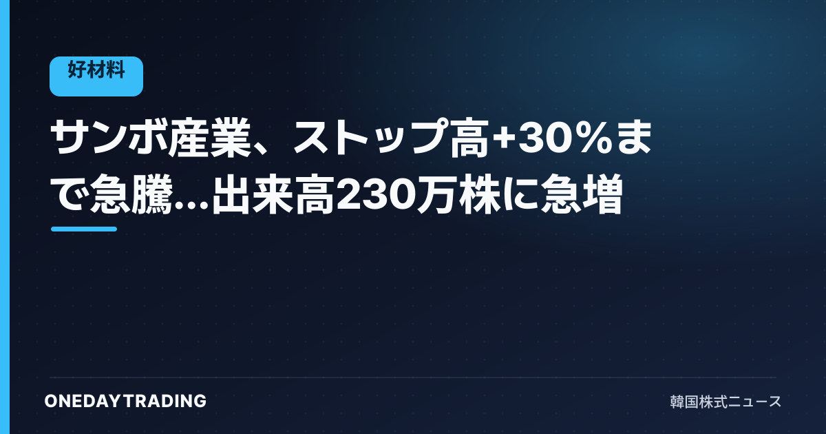 サンボ産業、ストップ高+30%まで急騰…出来高230万株に急増