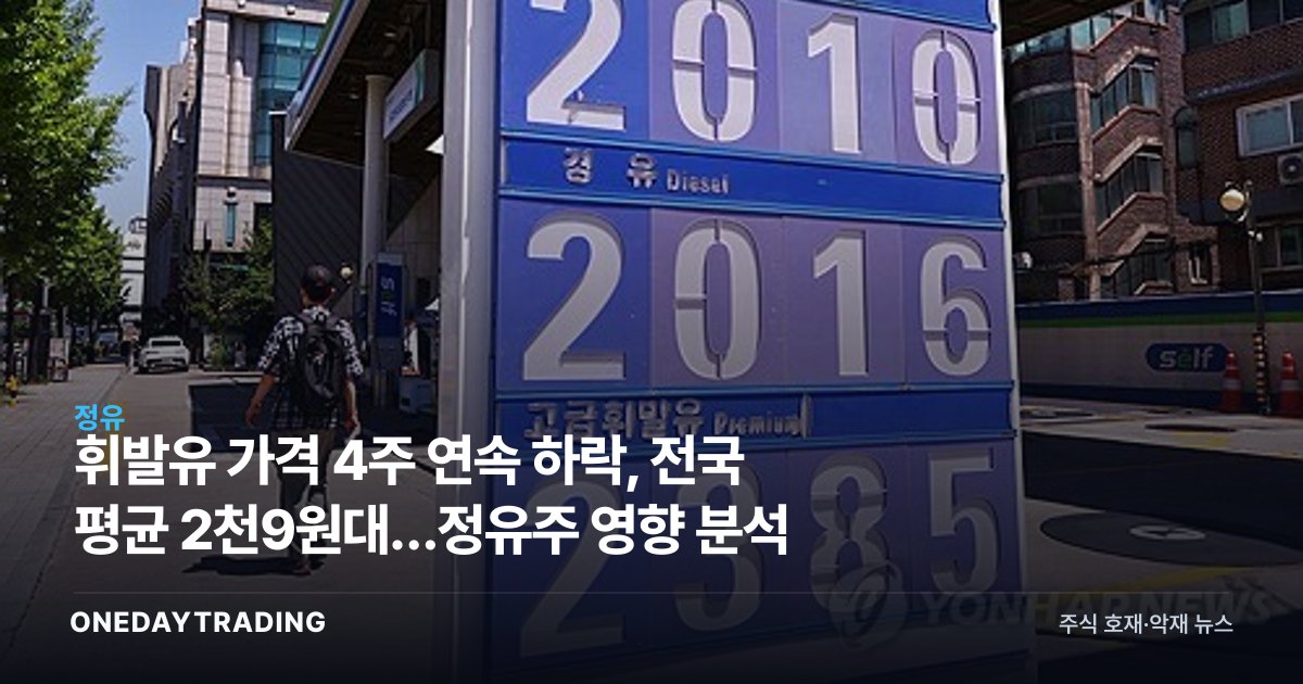 휘발유 가격 4주 연속 하락, 전국 평균 2천9원대…정유주 영향 분석