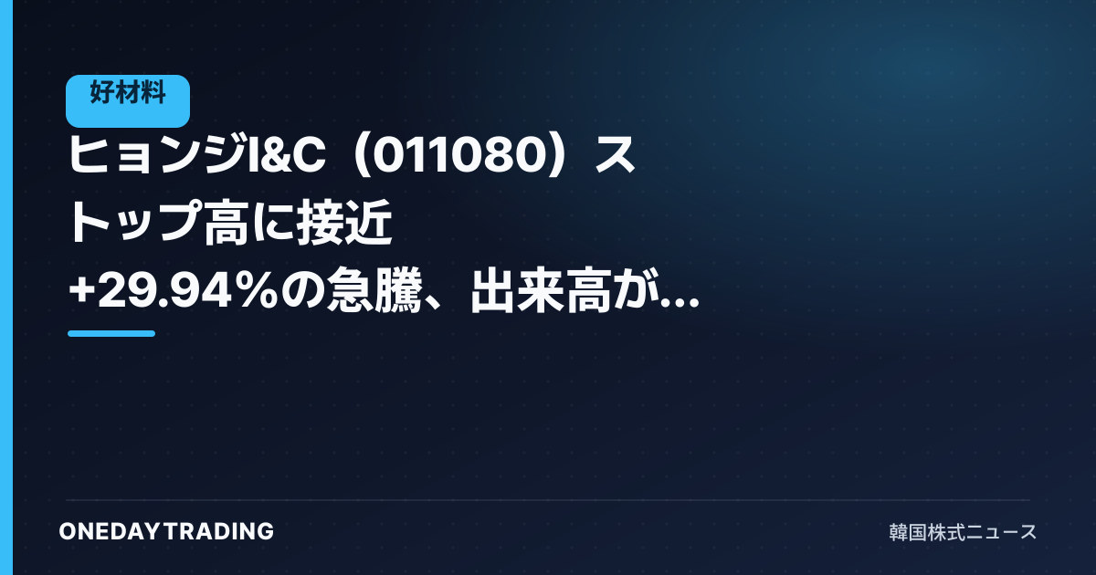 ヒョンジI&C(011080)ストップ高に接近 +29.94%の急騰、出来高が爆発した本日の動きを整理